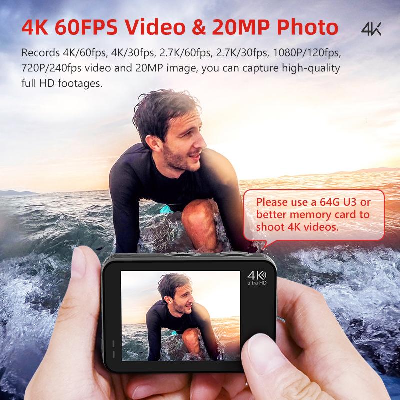 Axnen AX8 4K Action Camera camerproof Cam 4K60fps EIS Sports Video Ghi lại 20MP Hiển thị kép 2 inch Màn hình cảm ứng 1080p webcam