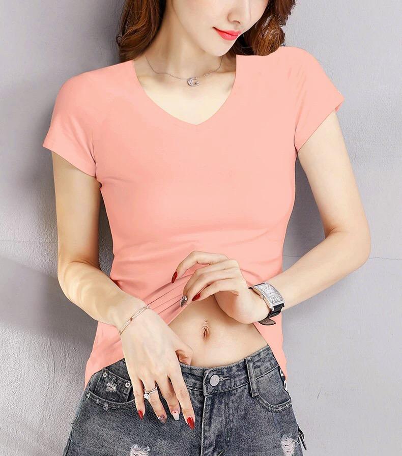 Áo thun nữ trơn cổ tim tay ngắn thun cotton 4 chiều form ôm body MXM