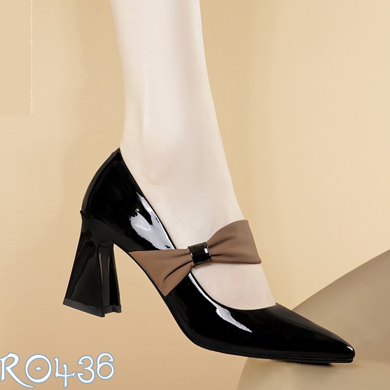 Giày cao gót nữ đẹp đế vuông 7 phân hàng hiệu rosata hai màu đen nâu ro436