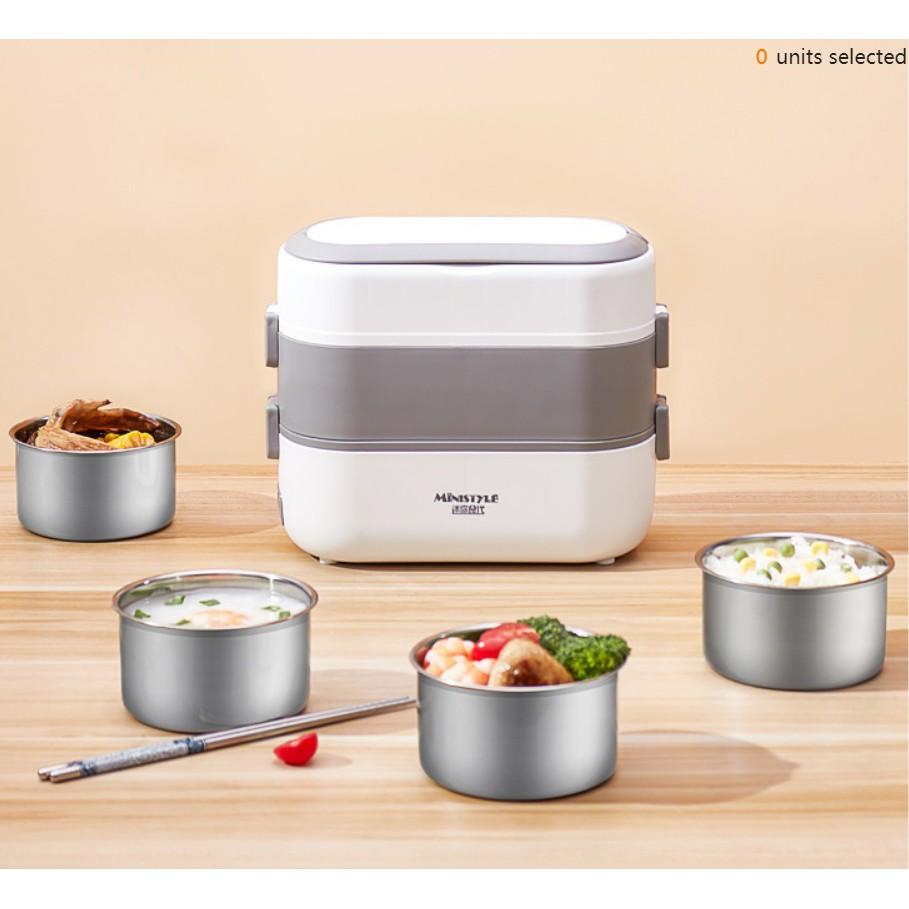 Hộp cơm cắm điện Hộp cơm giữ nhiệt văn phòng 2 tầng 4 bát inox hâm nóng và tự nấu chín thức ăn đa năng