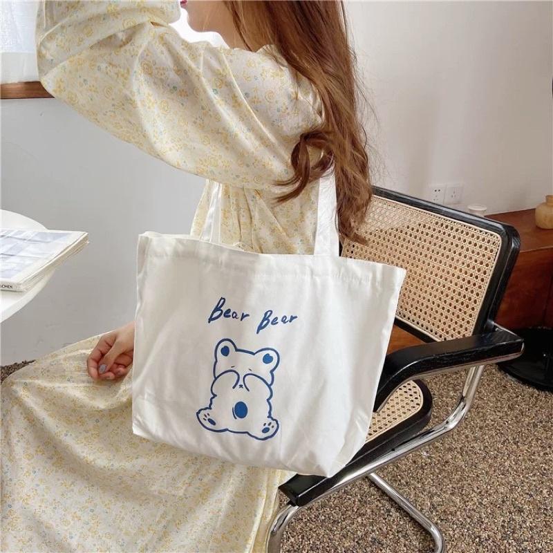 Túi Tote Túi Vải Canvas đeo vai Hình thú phong cách Hàn Quốc Cute có dây kéo và ngăn phụ