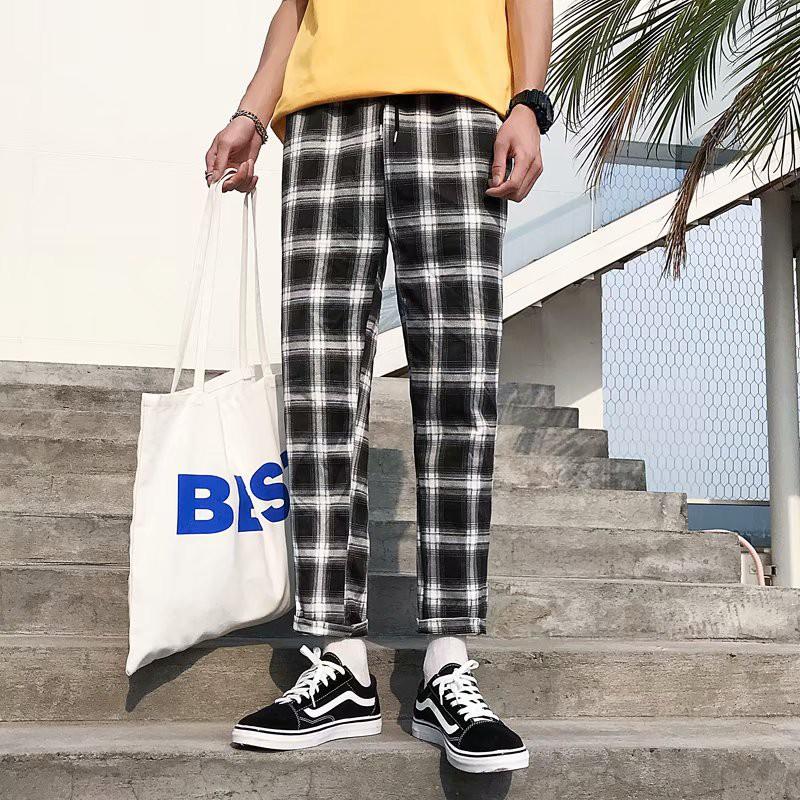 Quần dài nam sọc caro phối màu tương phản phong cách hip hop đường phố trẻ trung