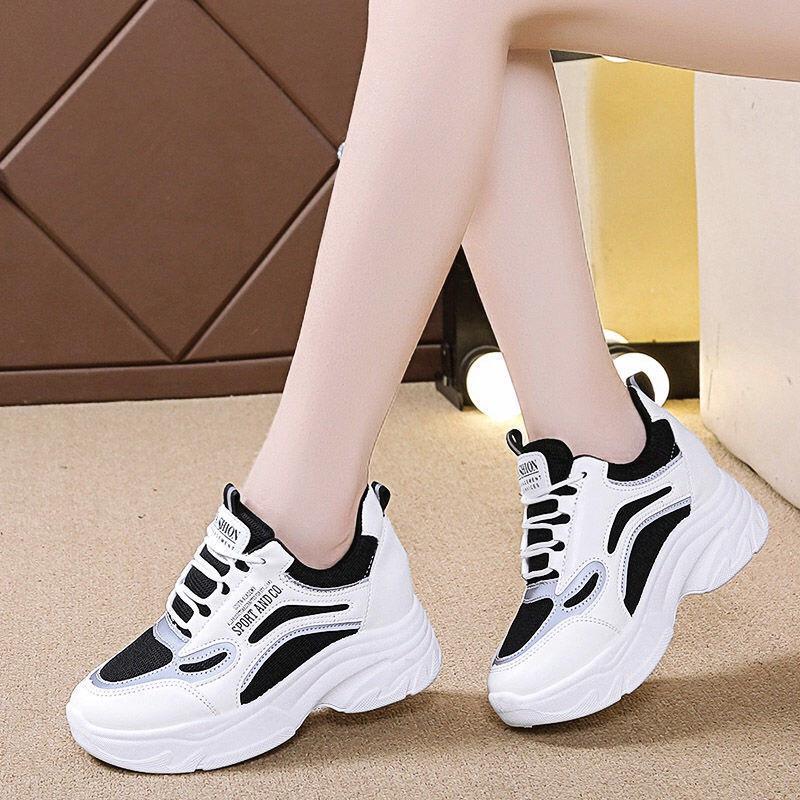 Giày Thể Thao Nữ Độn Đế, Sneaker Tăng Chiều Cao Chất Liệu Da Sang Xịn Mang Êm Chân