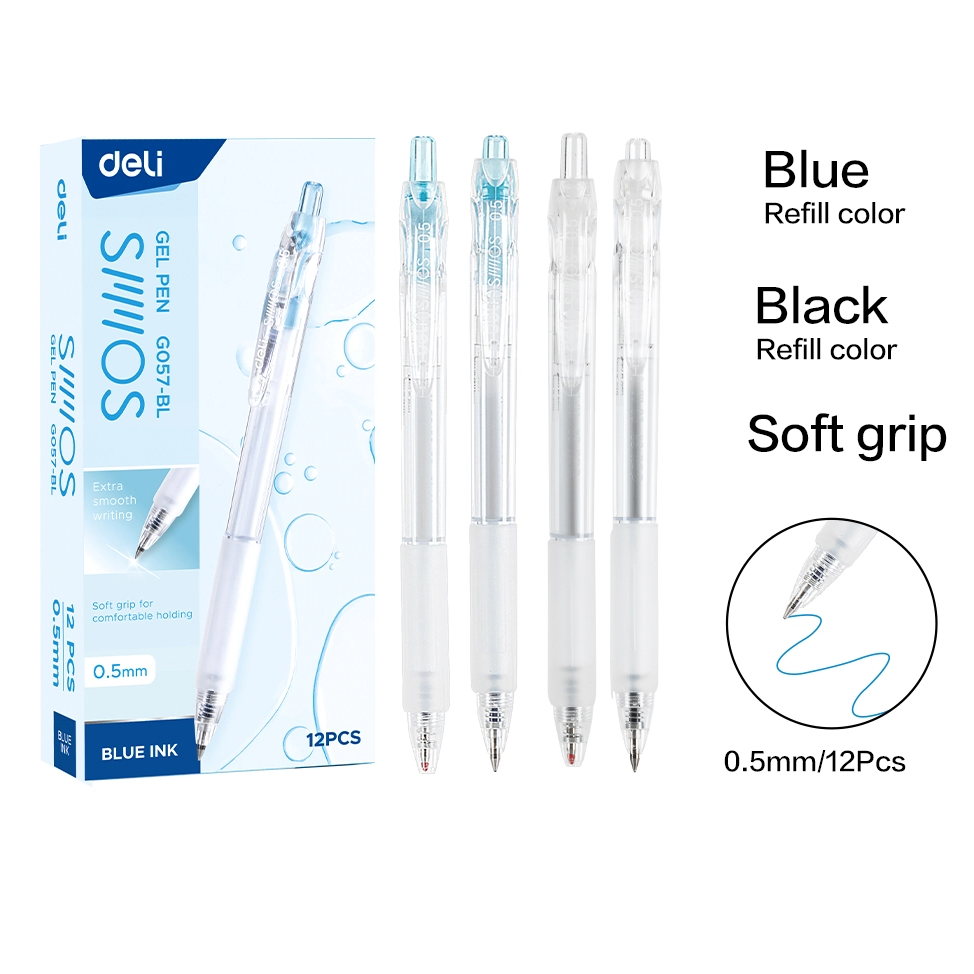 Hộp 12 Bút gel Deli EG057 ngòi 0.5mm - Mực xanh, đen, mực viết trơn tru dùng viết sổ caligraphy