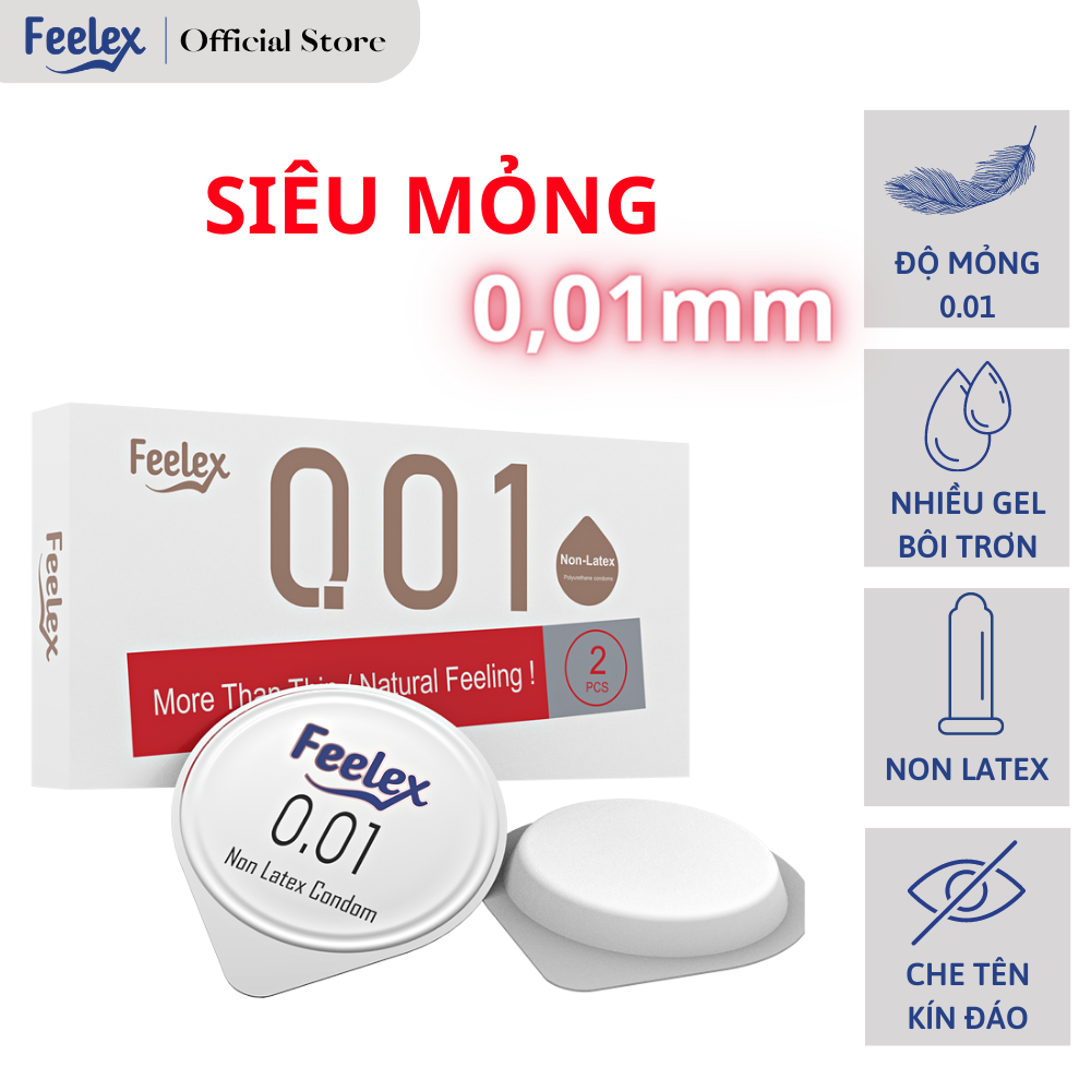 Bao cao su nam Non-Latex Feelex 001, siêu mỏng chuẩn 0.01mm, cao su nhân tạo không mùi, an toàn tuyệt đối, hộp 2 chiếc