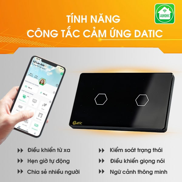 Công tắc thông minh HUNONIC DATIC 2 nút màu đen - Điều khiển từ xa bằng điện thoại-Hàng Chính Hãng