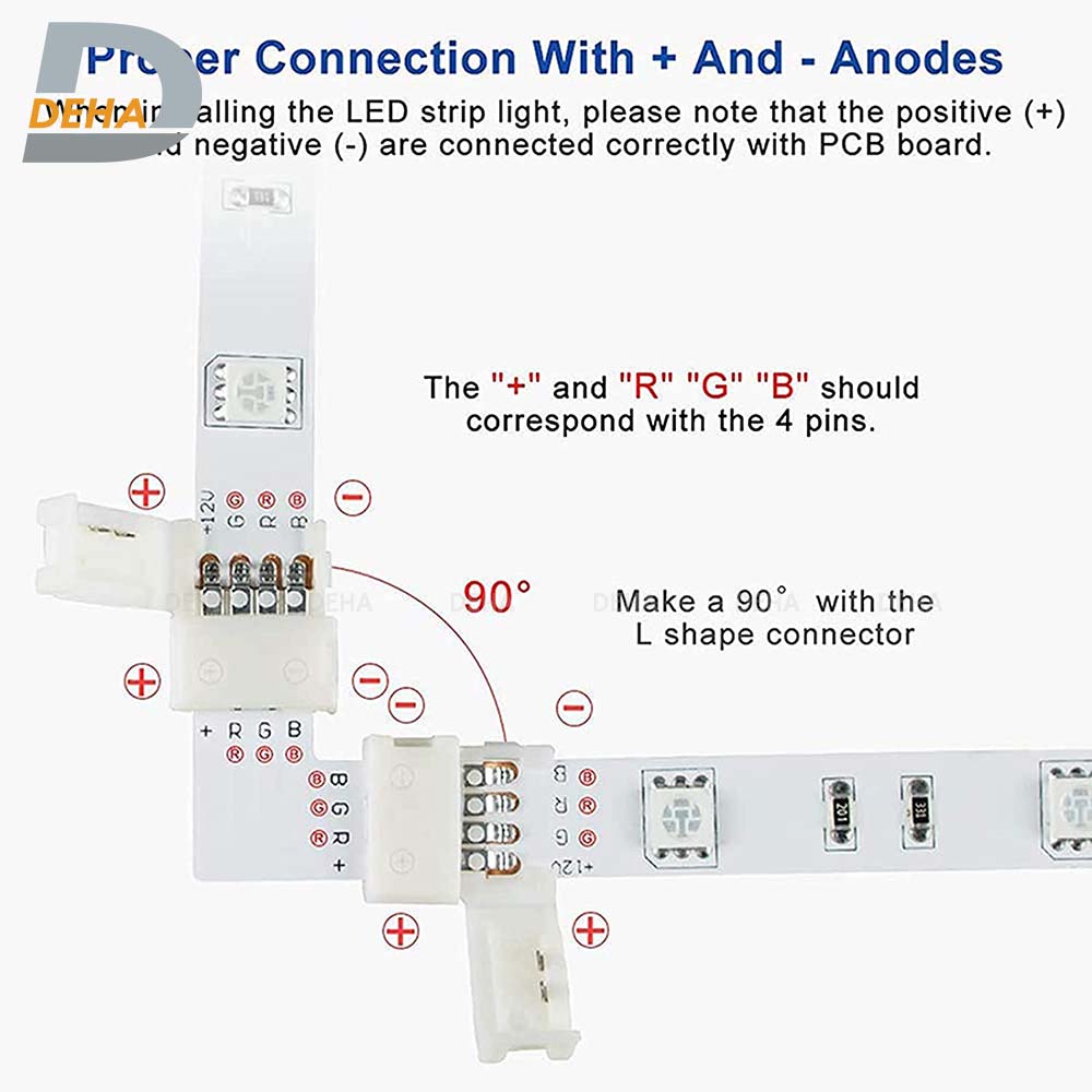 Đầu nối góc chữ L vuông 4 chân cho led dây dán 5050, 2835, 3528 RGB đổi màu connector 4P pin 10 mm  trang trí dán tường thạch cao, cây máy tính, màn hình, ti vi, TV, Gaming, Tiktok dán tường, chống nước bền đẹp- Chính hãng DEHA