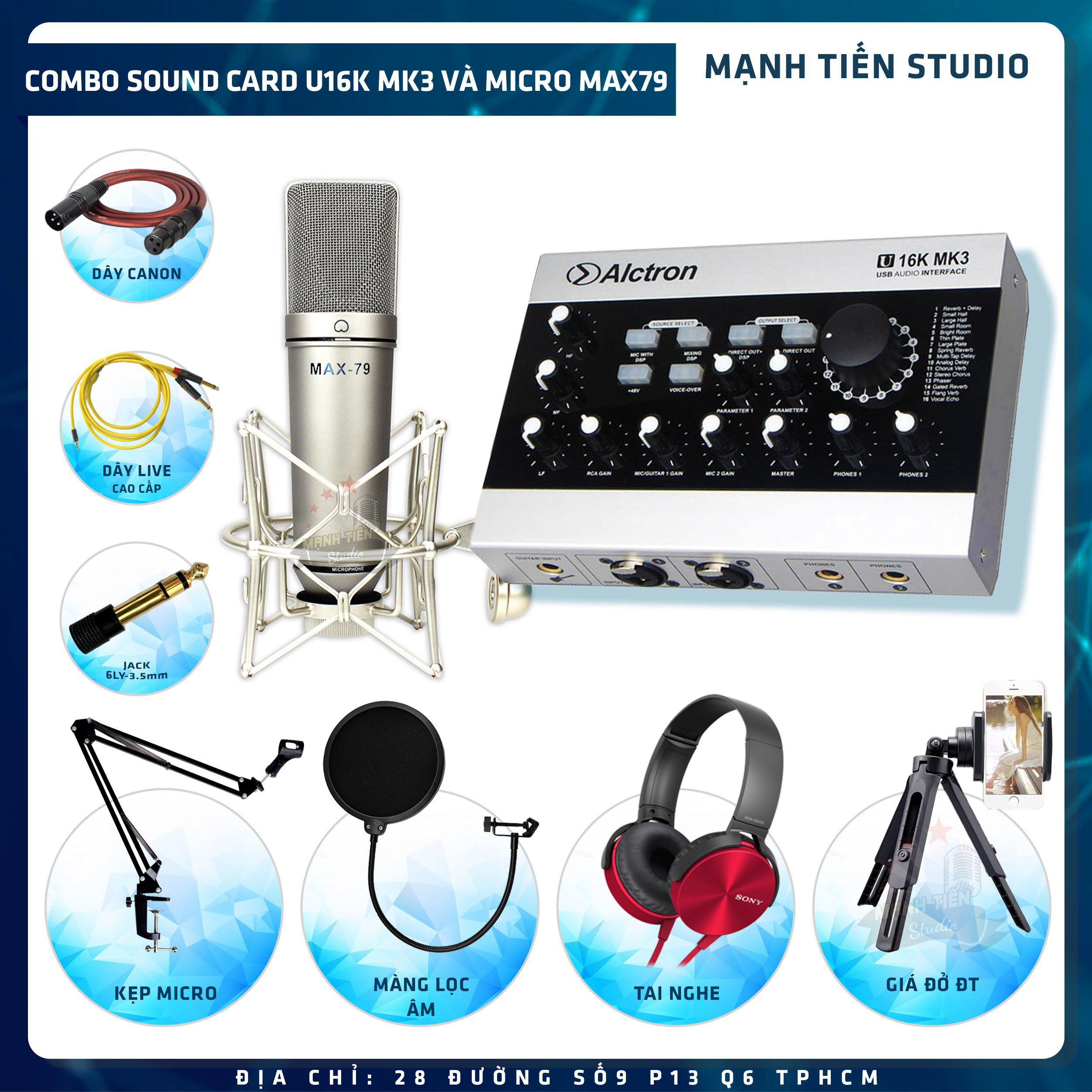 Combo thu âm, livestream Micro Max 79, Sound card Alctron U16K MK3 - Kèm full phụ kiện kẹp micro, màng lọc, tai nghe, giá đỡ ĐT, dây canon, dây livestream - Hỗ trợ thu âm, karaoke online chuyên nghiệp - Hàng nhập khẩu