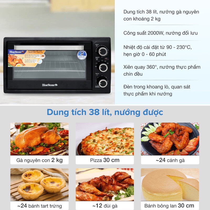 Lò Nướng Bluestone EOB-7548, Dung Tích 38Lit Công Suất 2000W, Có Xiên Quay Khi Nướng, Hàng chính hãng
