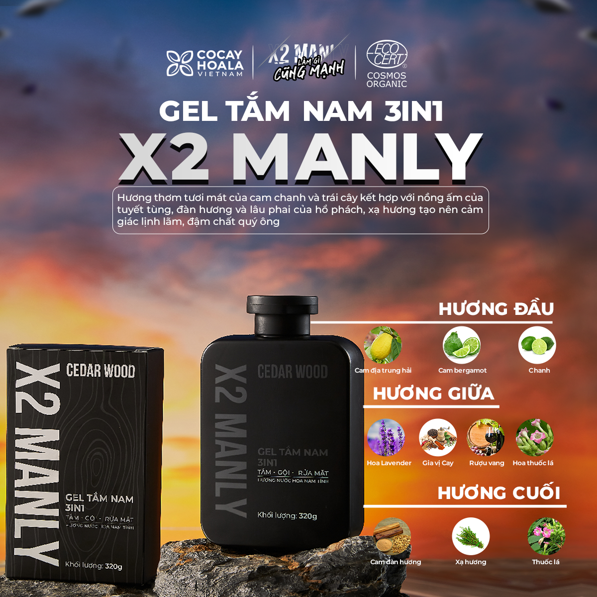 Gel Tắm Nam X2 Manly 3n1 Cocayhoala - Sữa tắm gội toàn thân hương nước hoa nam tính - 320g