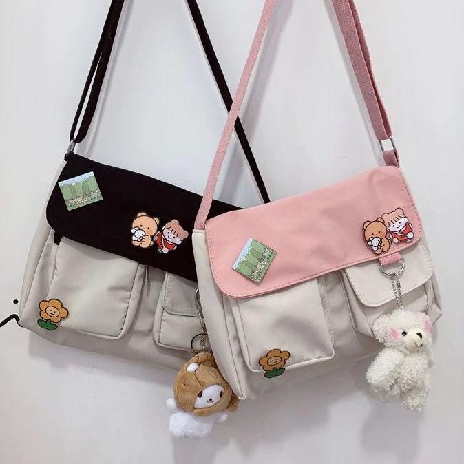 Women's New Mesh Red Canvas Female Student Korean Style Crossbody All-Matching Large Capacity Retro Cute Schoolbag