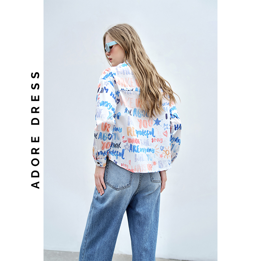 Áo sơ mi Shirts casual style thô lụa letter trắng 313SH1004 ADORE DRESS