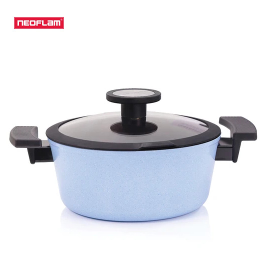 [Hàng chính hãng] Nồi sâu chống dính bếp từ Neoflam Reverse 20cm, thể tích 2.3lít, thành cao 9.8cm, đáy dày 35mm, phủ chống Daikin 4 sao thế hệ mới, vung kính cường lực viền silicone đen. Phủ gốm bên ngoài màu xanh dương