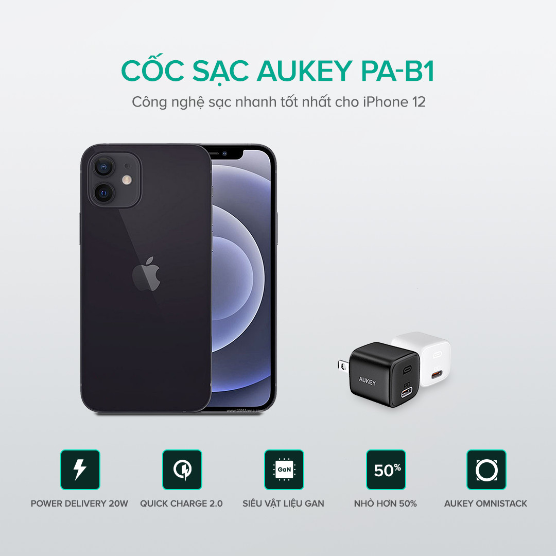 Combo Sạc Nhanh Dành Cho iPhone 12 Series AUKEY | Cốc Sạc 20W PA-B1, Cáp C-Lighnting 20W CB-CL1, Pin 15000mAh PD + QC3 PB-Y39 - Hàng Chính Hãng