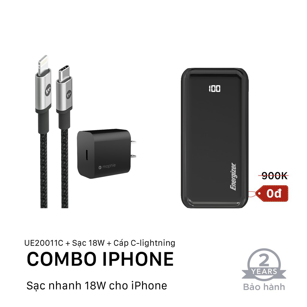 Combo Sạc dự phòng Energizer 20,000mAh UE20011C + Sạc Mophie 18w - Cáp Mophie C to Lightning 1M - HÀNG CHÍNH HÃNG