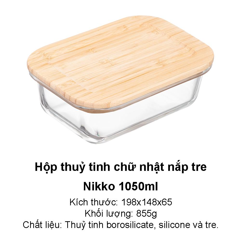 Hộp thủy tinh nắp tre hộp thực phẩm chữ nhật Nikko Inochi