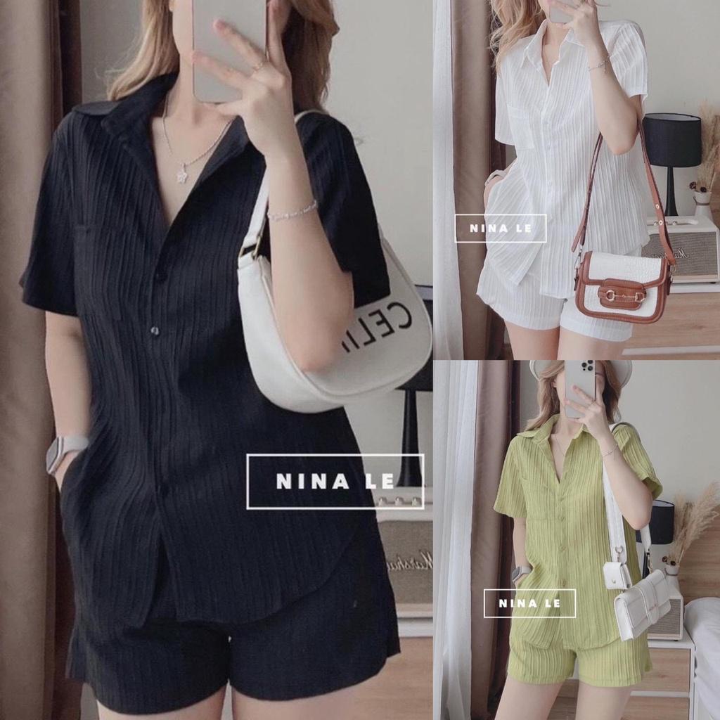 Set bộ quần áo sơ mi thiết kế phối nơ lửng chất đũi xốp xọc gân hàng đẹp hàng VNXK  A15 - Trắng