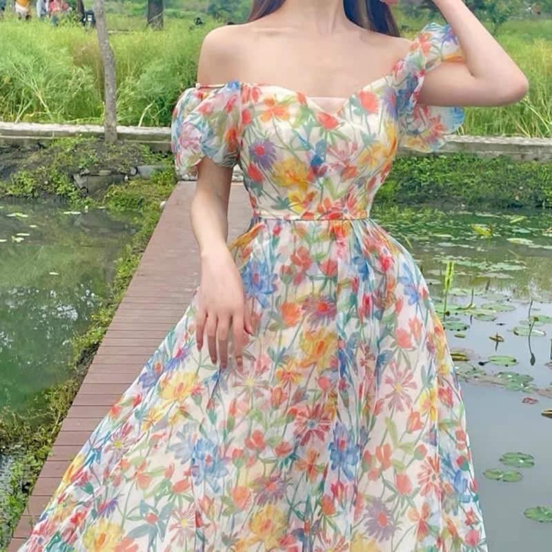 VÁY MAXI HOA NHÍ THẮT NƠ LƯNG VOAN TƠ CAO CẤP