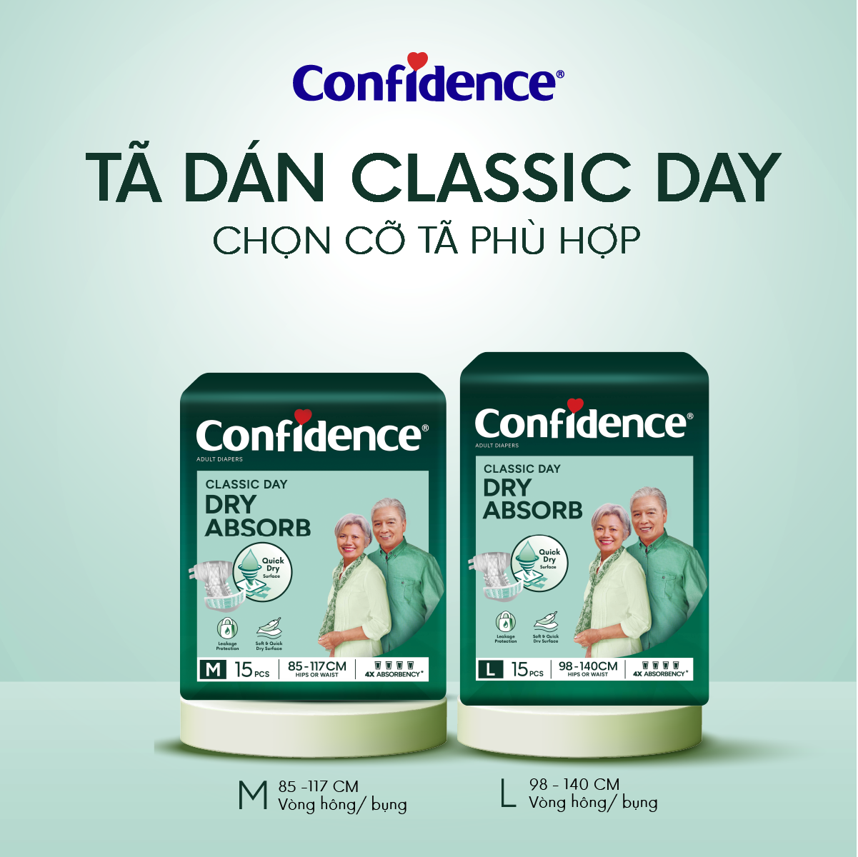 Combo 2 Tã dán người lớn CONFIDENCE CLASSIC DAY size M/L gói 15 miếng