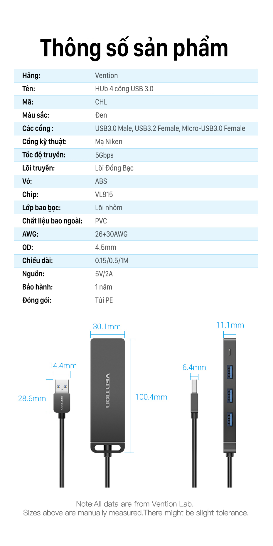 Bộ chia 4 cổng Usb 3.0 - Hub Usb 4 Port USB 3.0 có nguồn hỗ trợ 15cm 50/100cm Vention CHLBB - Hàng chính hãng