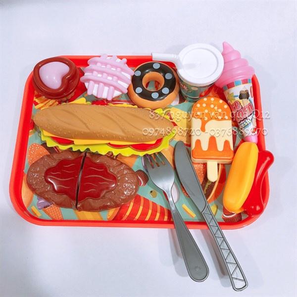 Túi đồ chơi thức ăn nhanh gồm bánh mì kẹp, xúc xích, bánh cho bé thích nấu ăn, đầu bếp, nhà bếp 7659-1