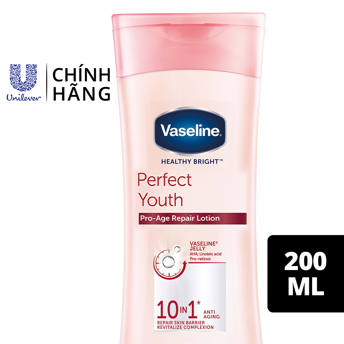 Sữa dưỡng thể Vaseline Perfect Youth ngăn ngừa lão hóa với phức hợp Pro-retinol kích thích da sản sinh Collagen và hoạt chất AHA cải thiện nếp nhăn 200ml