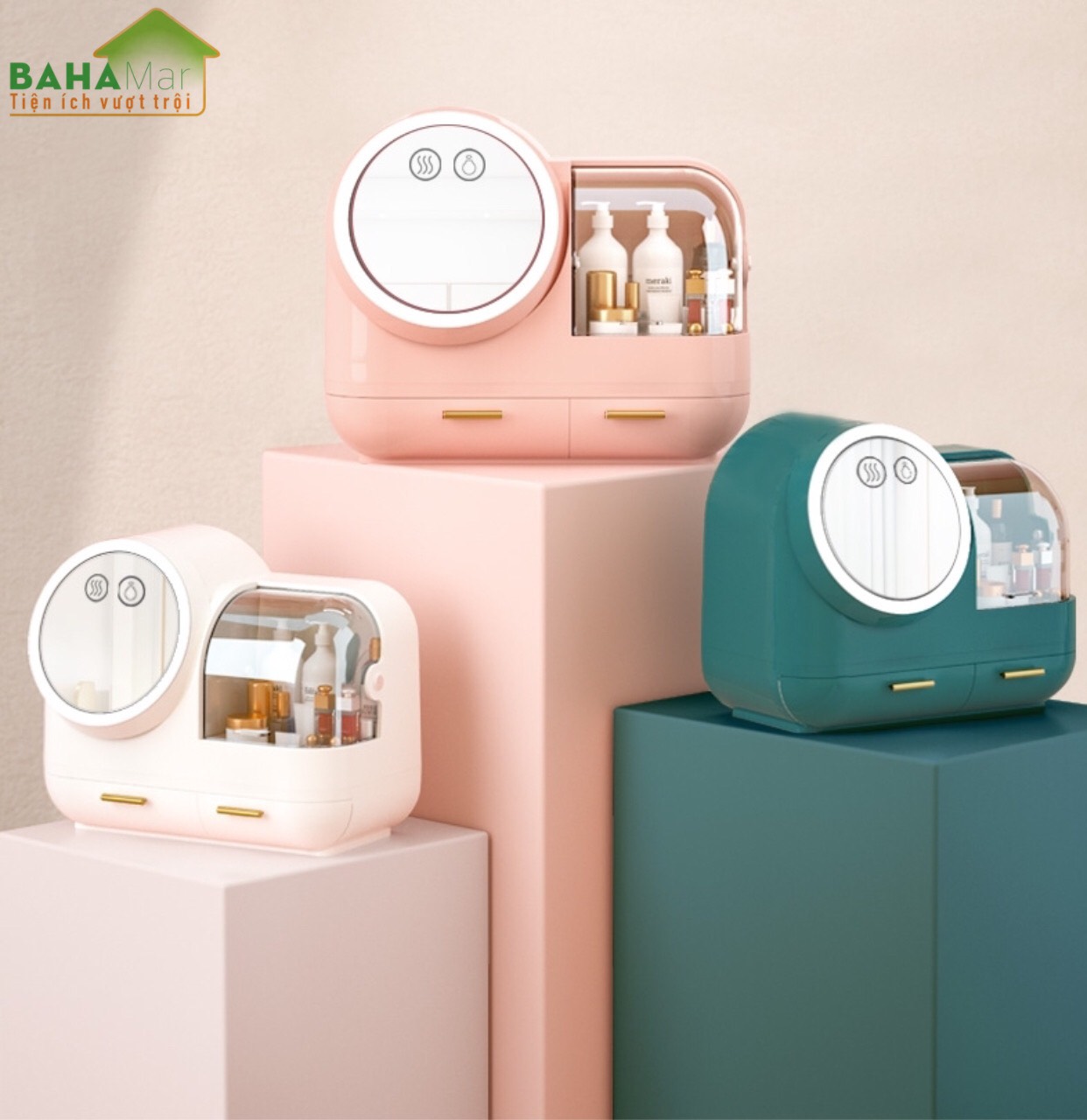 HỘP ĐỰNG MỸ PHẨM CÓ GƯƠNG TRANG ĐIỂM ĐÈN LED QUẠT BAHAMAR có quạt thổi khô lớp trang điểm thiết kế tay cầm dễ dàng xách di chuyển hộp chống bụi v