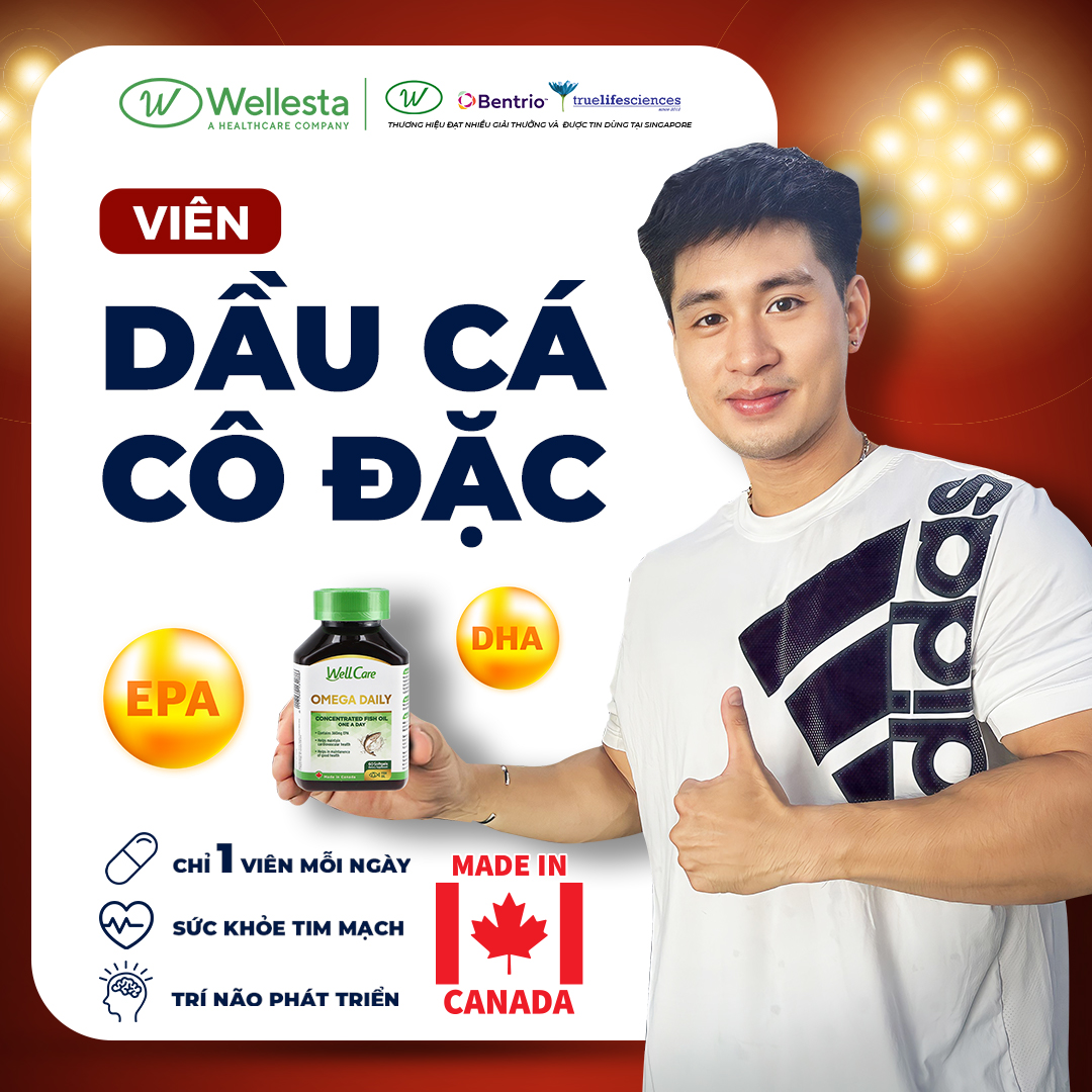 Viên nang mềm OMEGA Daily Wellcare chứa dầu cá với hàm lượng DHA/ EPA cao hỗ trợ cho sự phát triền trí não, hệ thống tim mạch khỏe mạnh