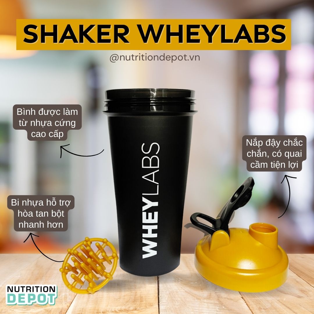 Bình lắc Shaker Wheylabs 600ml màu vàng đen cá tính, hợp phong cách Gymer - Nhựa cao cấp, bền, đẹp