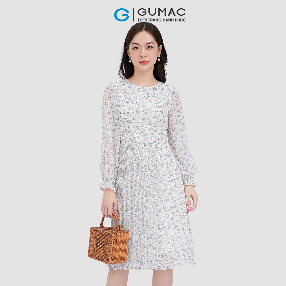 Đầm form A GUMAC DC10073 tay dài phối tà dập ly nữ tính