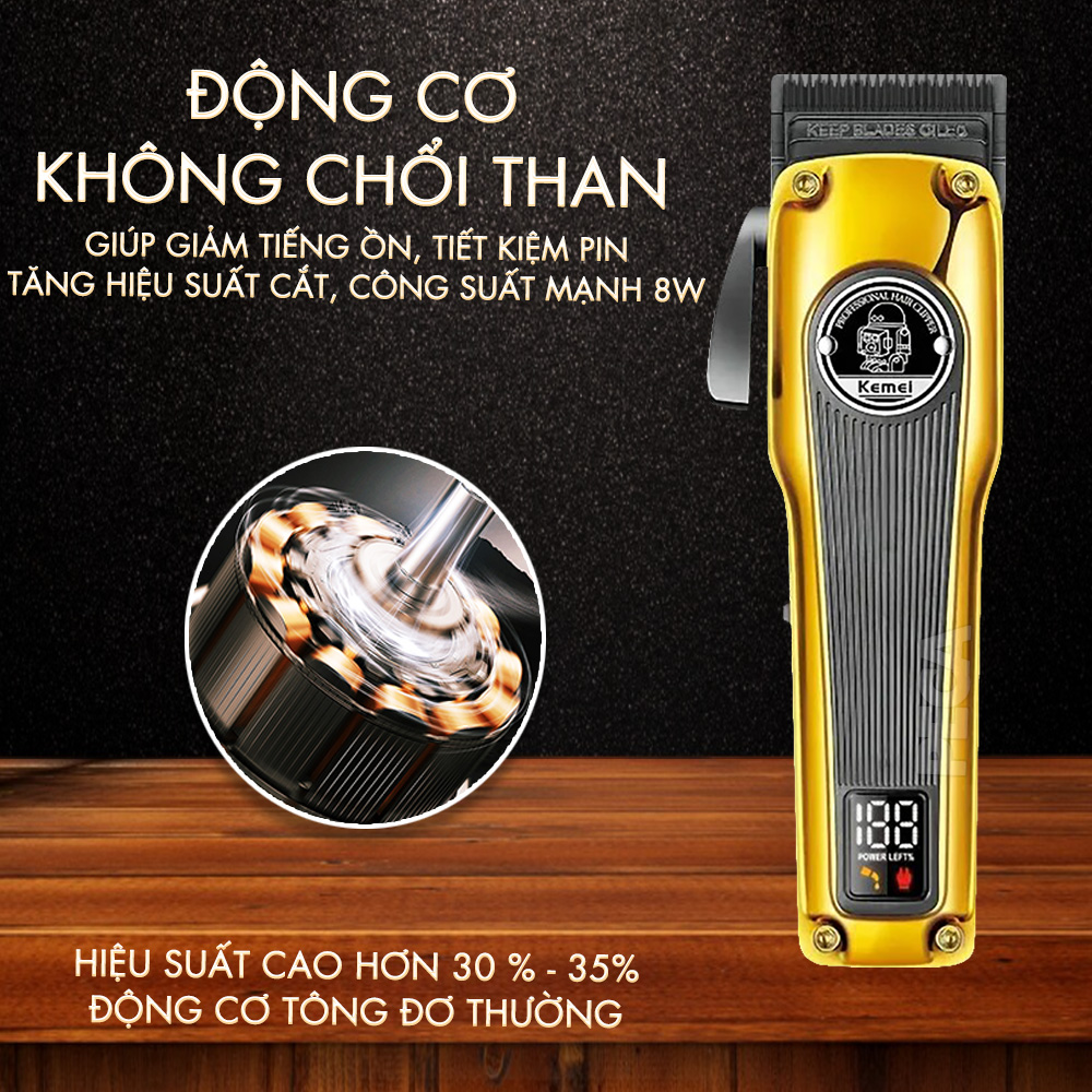 Tông đơ cắt tóc chuyên nghiệp Kemei KM-1825 lưỡi mạ carbon DLC, động cơ không chổi than công suất mạnh 8W hoạt động mạnh mẽ không nóng, không ồn - Hàng chính hãng