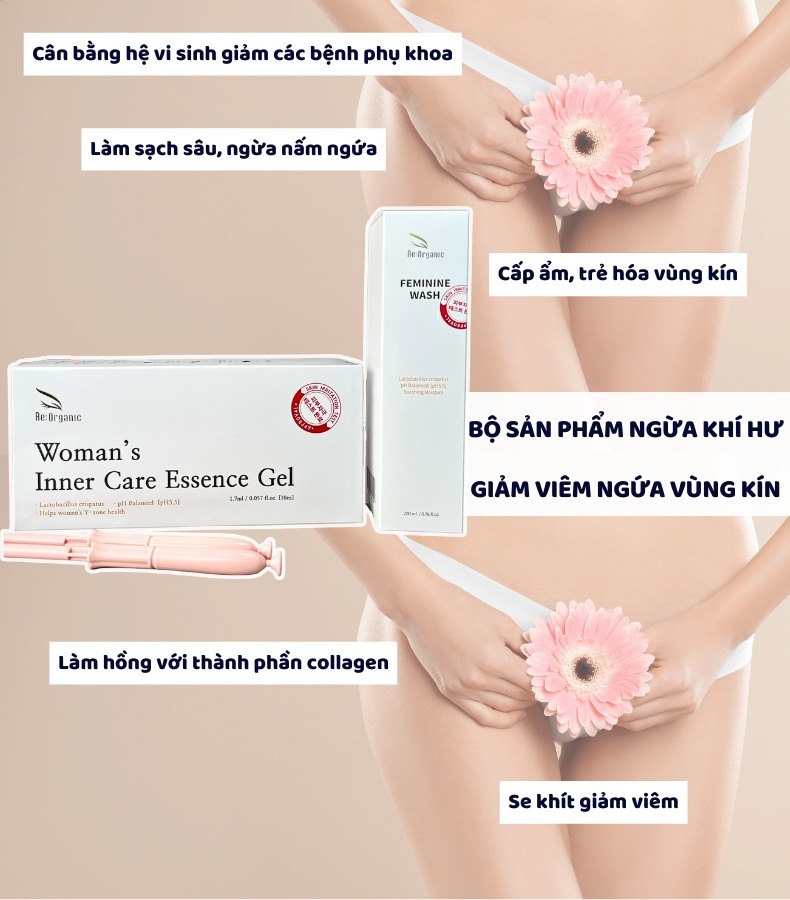 Combo dung dịch vệ sinh chăm sóc phụ khoa Re:Organic Feminine Wash 200ml, Gel đũa thần phụ khoa Woman's Inner Care Essence Gel