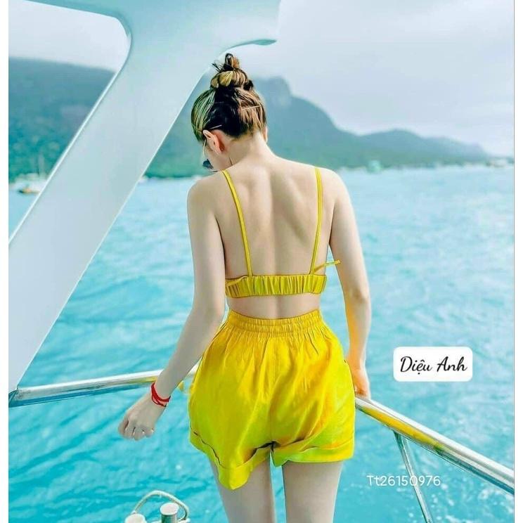 Set bộ bikini đi biển 3 món siêu hot hit ( video cận chất) chất liệu đũi cao cấp 3 màu như hình ( xanh ,vàng,hồng )