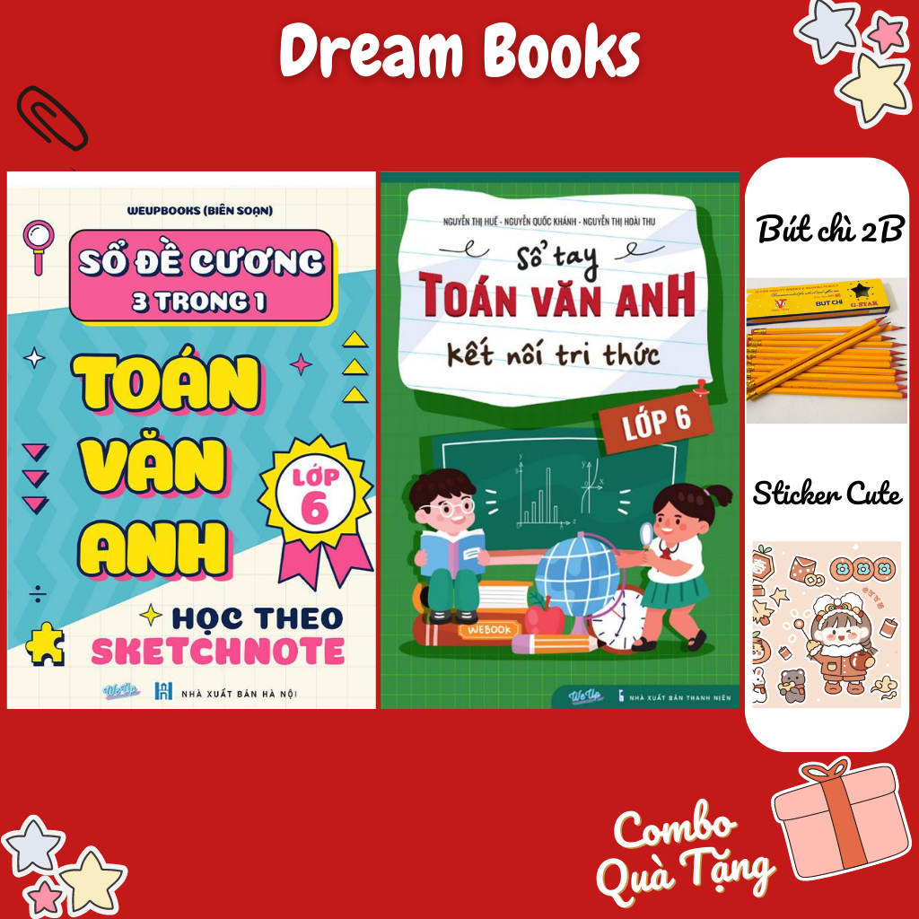 Sách- Combo Sổ Tay Đề Cương Toán Văn Anh Lớp 6 Học Theo SKETCHNOTE & Sổ Toán Văn Anh chương trình kết nối