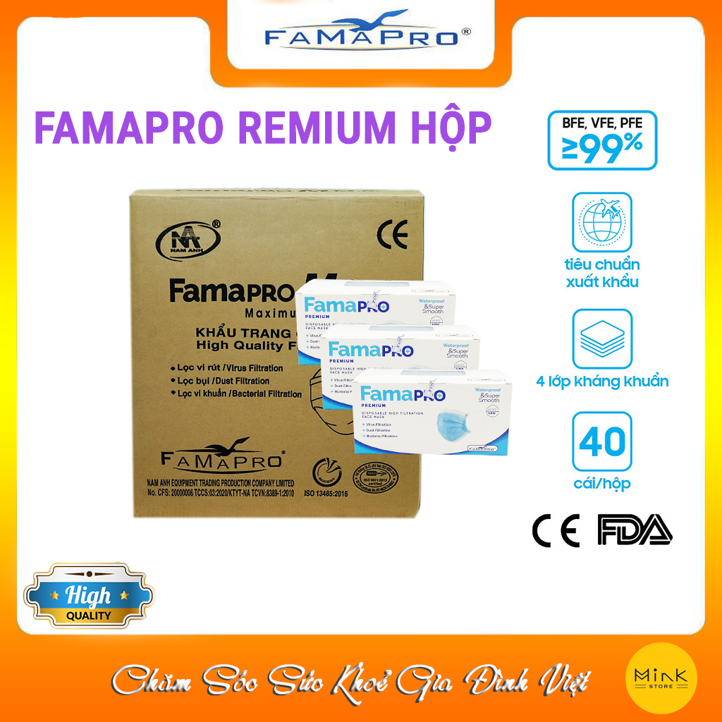 [ THÙNG-FAMAPRO REMIUM ] - Khẩu trang y tế cao cấp 4 lớp kháng khuẩn Famapro Premium - 99% Lọc Khuẩn, Bụi, Virus (40 cái/ hộp)