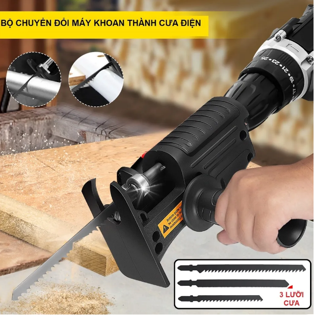 Bộ Chuyển Đổi Máy Khoan Thành Máy Cưa Điện Cầm Tay Kèm 3 Lưỡi Cưa Gỗ Kim Loại Nhựa