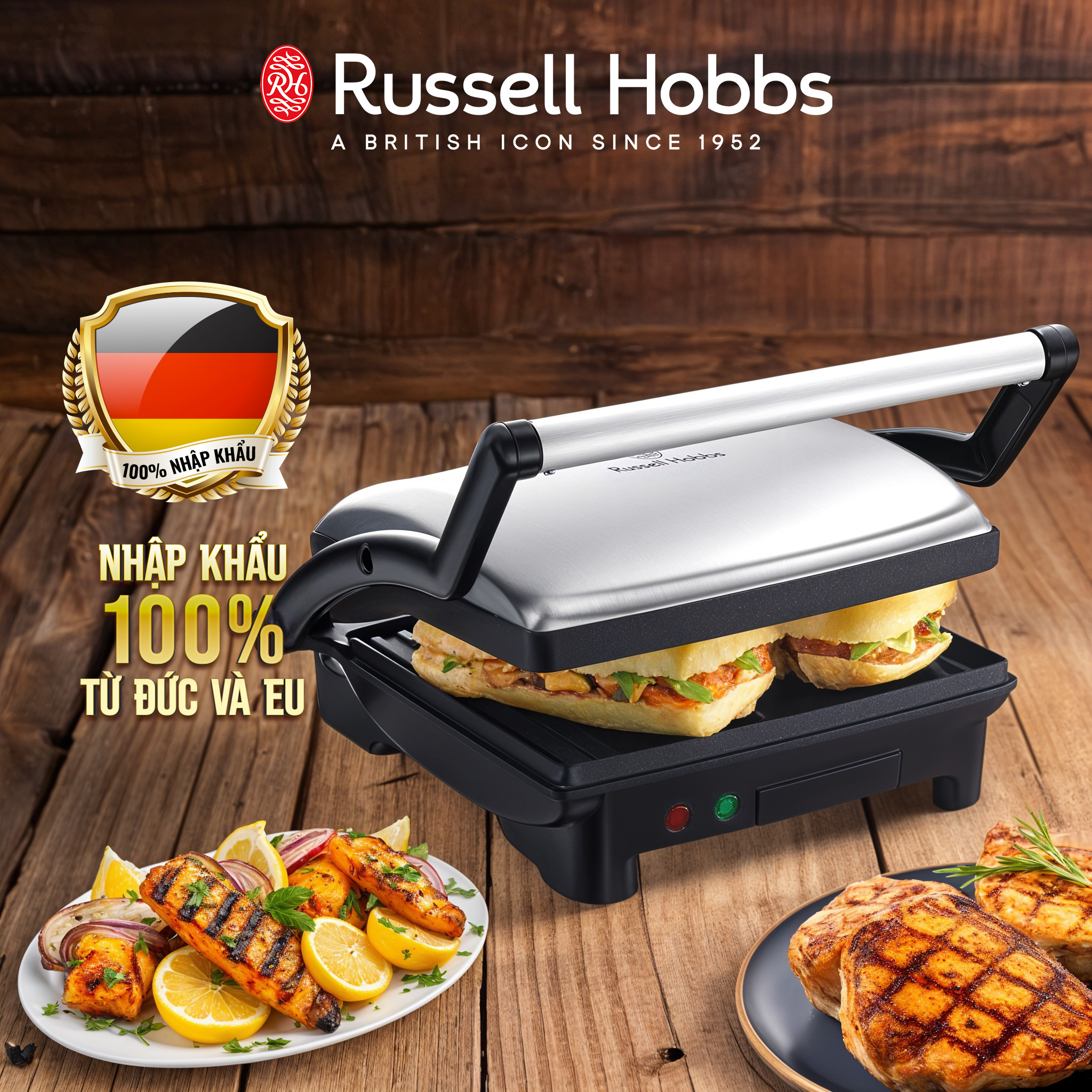 Máy Nướng Bánh Mì Panini/ Vỉ nướng 3in1 Russell Hobbs Cook@Home 17888-56 - Hàng Chính Hãng Nhập Khẩu Từ Đức &amp; EU