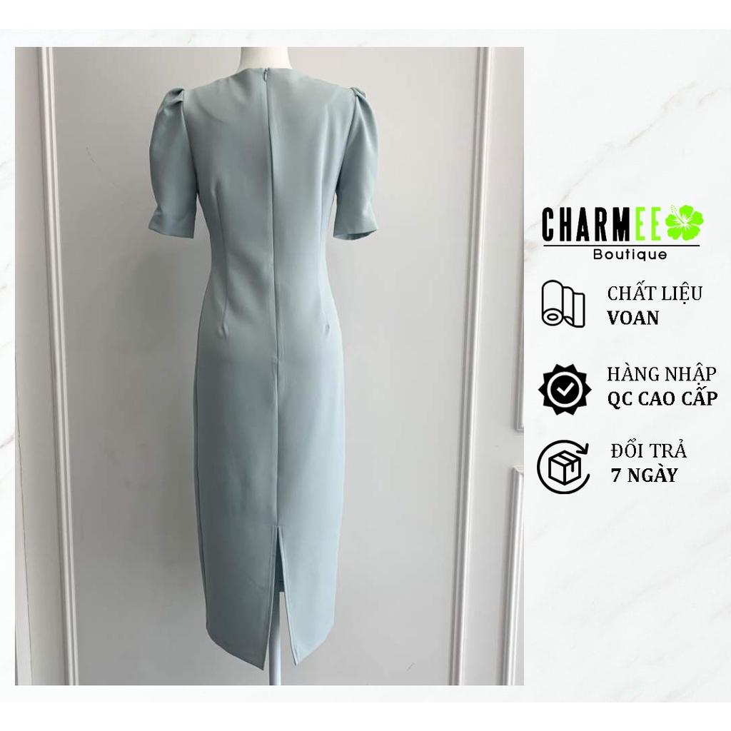 Đầm xanh cổ vuông dáng dài