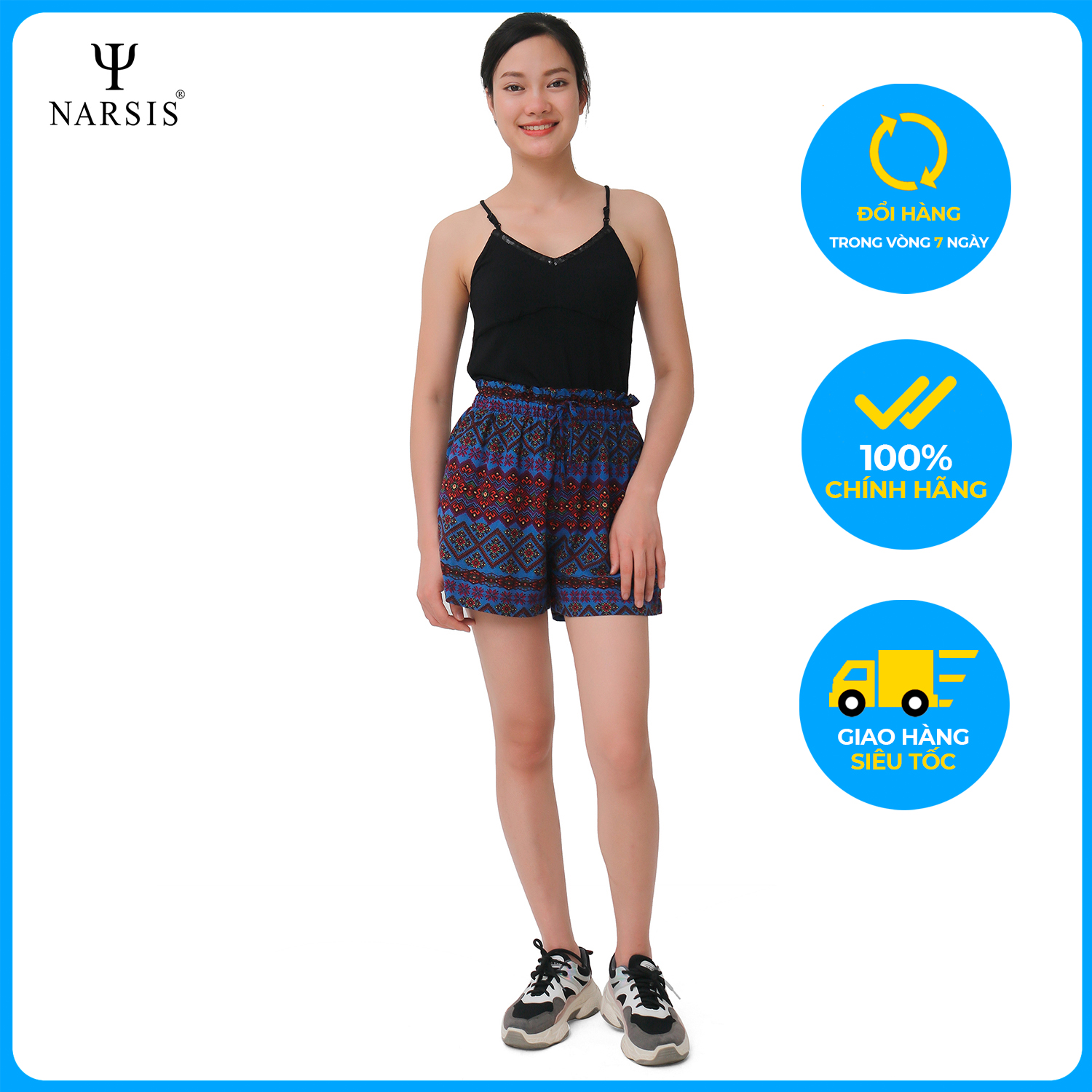 Quần short nữ  xanh hoa văn thổ cẩm Narsis T0005