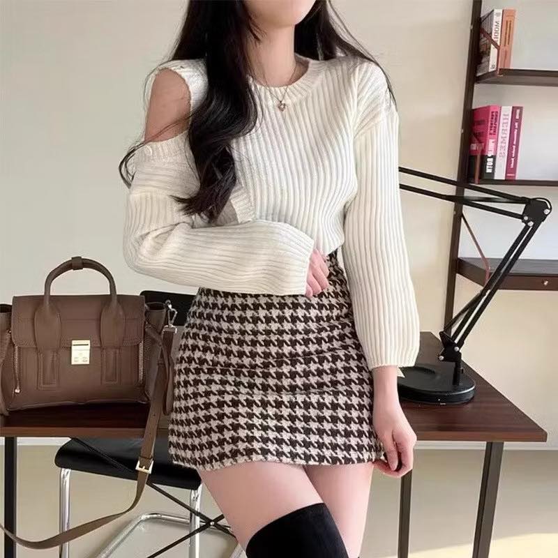 Chân váy dạ len lông cao cấp cho nữ Họa tiết Houndstooth