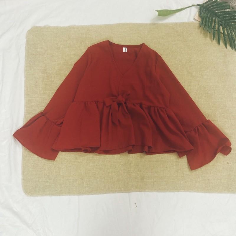 Áo babydoll croptop thắt nơ ngực màu đỏ đô