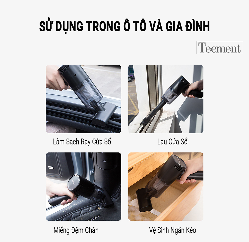 Máy Hút Bụi Cầm Tay Không Dây Teement TM01 Cao Cấp, Lực Hút Lớn 6000PA, Êm Ái Mạnh Mẽ, Sử Dụng Trong Nhà, Ngoài Trời Và Cho Ô Tô , Công Suất Lớn - Hàng Chính Hãng