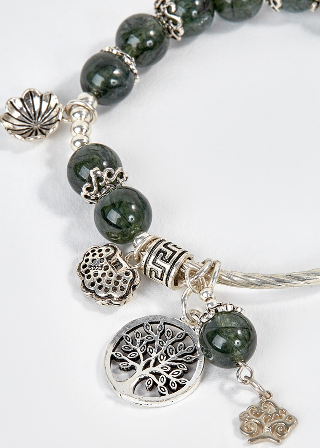 Vòng Tay Thạch Anh Tóc Xanh Phối Charm Cây Bạc Ngọc Quý Gemstones