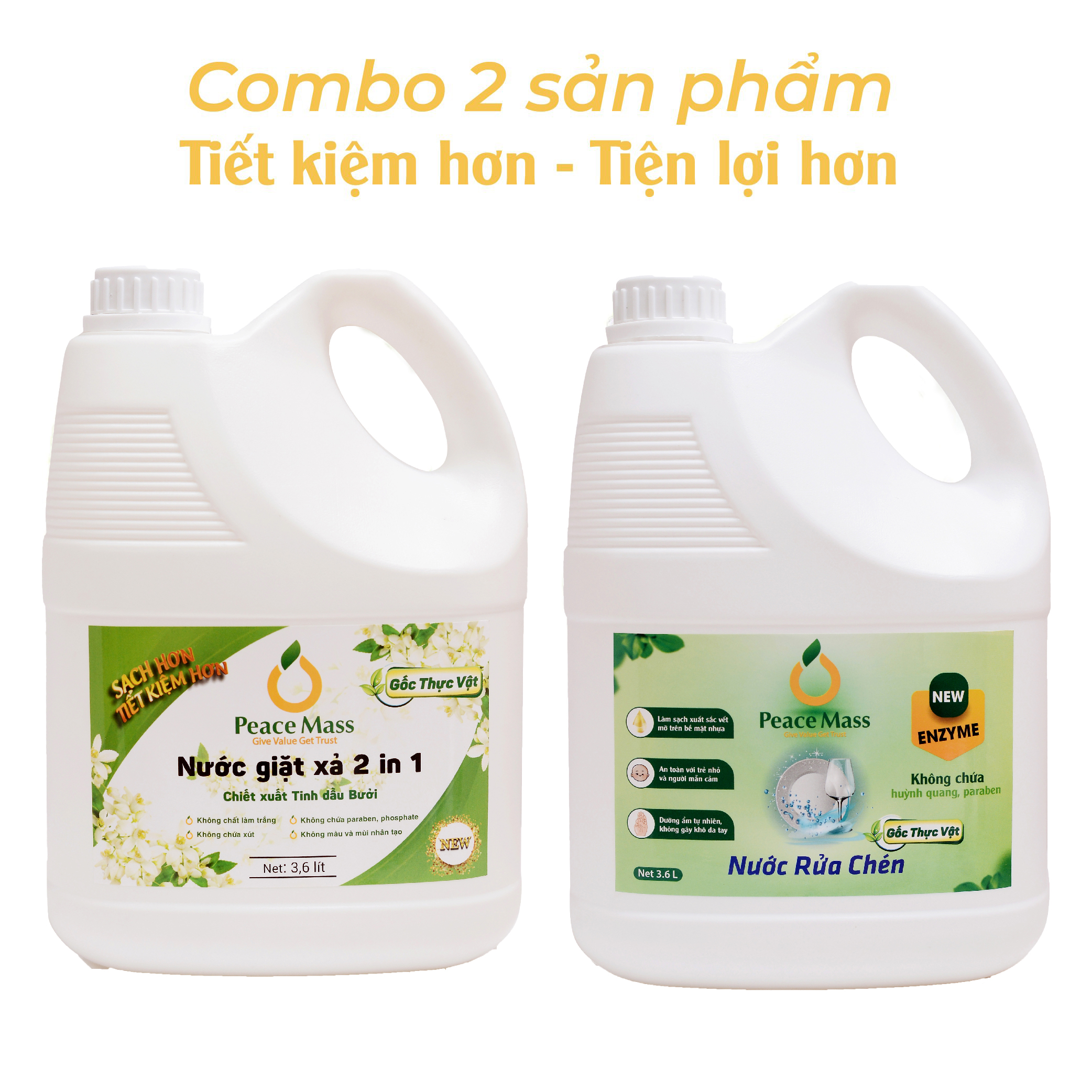 Combo Sản Phẩm Gốc Thực Vật  Peace NGB3 Mass - Nước Giặt Xả 2 in 1 3.6l + Nước Rửa Chén 3.6 lít (Thuộc nhóm Sản phẩm Lành tính / Hữu cơ)