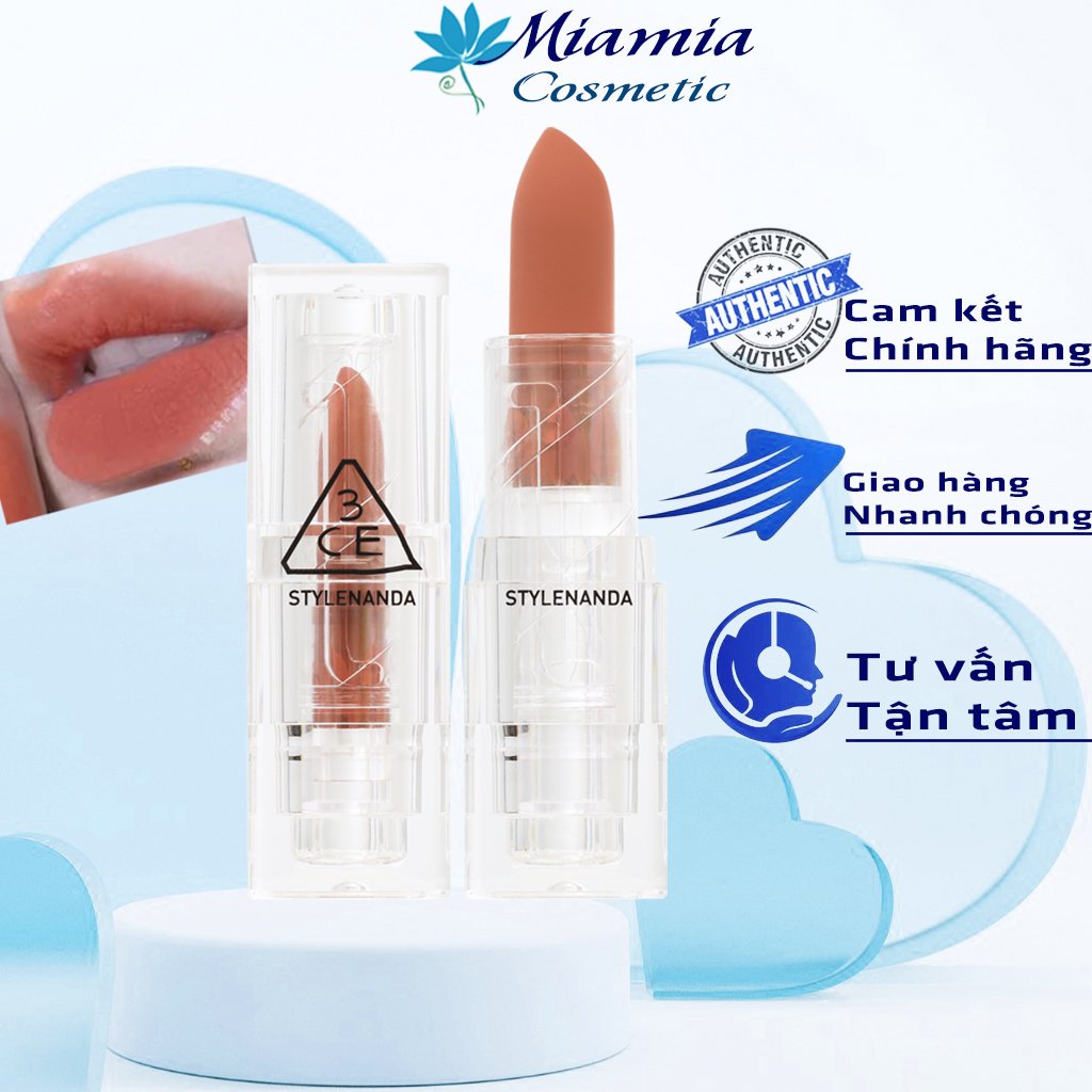 Son Thỏi Lì 3CE Soft Matte Lipstick 3.5g KIND&amp;LOVE - Màu Cam Nude Tây, Vỏ Trong Suốt Lên Màu ChuẩN [CHÍNH HÃNG]