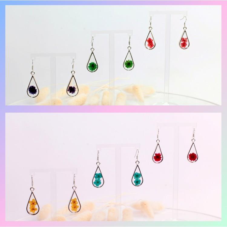 Bông tai hình giọt nước hoạ tiết hoa khô handmade resin epoxy trong suốt nhiều màu sắc