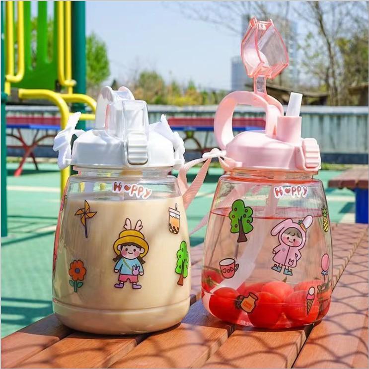 Bình Đựng Nước Cute Bụng Bự Dung Tích 1300ml Có Ống Hút Kèm Dây Đeo Cực Tiện Lợi Xinh Xắn Dễ Thương Tặng Kèm Sticker