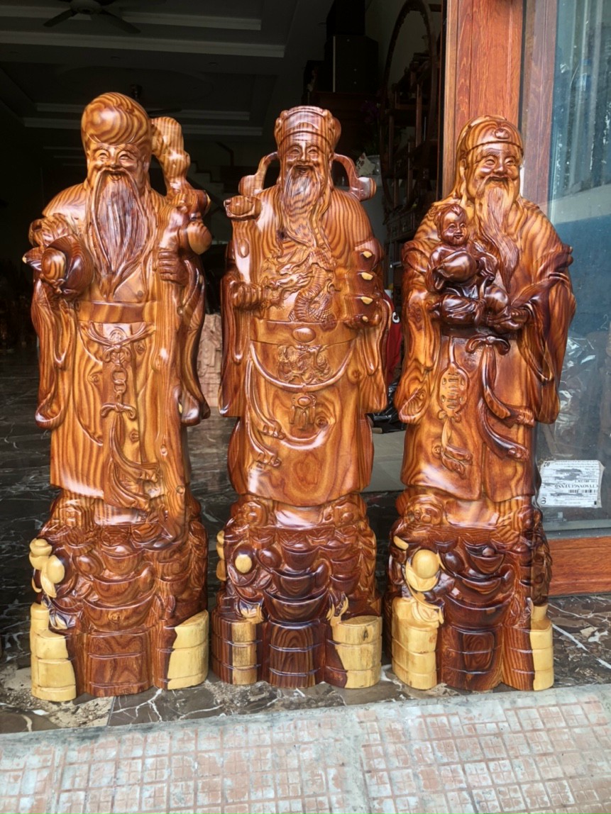 Bộ tượng phật tam đa phúc lộc thọ bằng gỗ trắc đẹp long lanh kt cao 70×20×17cm