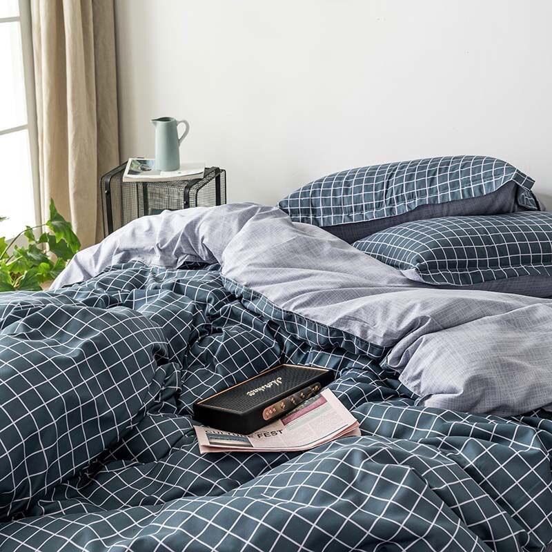 Bộ chăn ga Cotton Poly kể caro đen nhỏ phối ga ghi siêu sang - Hàng nhập khẩu