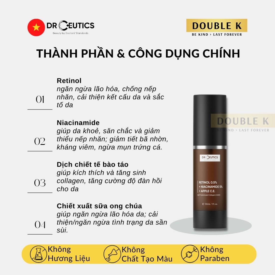 Kem Chống Lão Hóa DrCeutics Retinol 0.5% + Niacinamide 5% + Dịch Chiết Tế Bào Táo - Double K